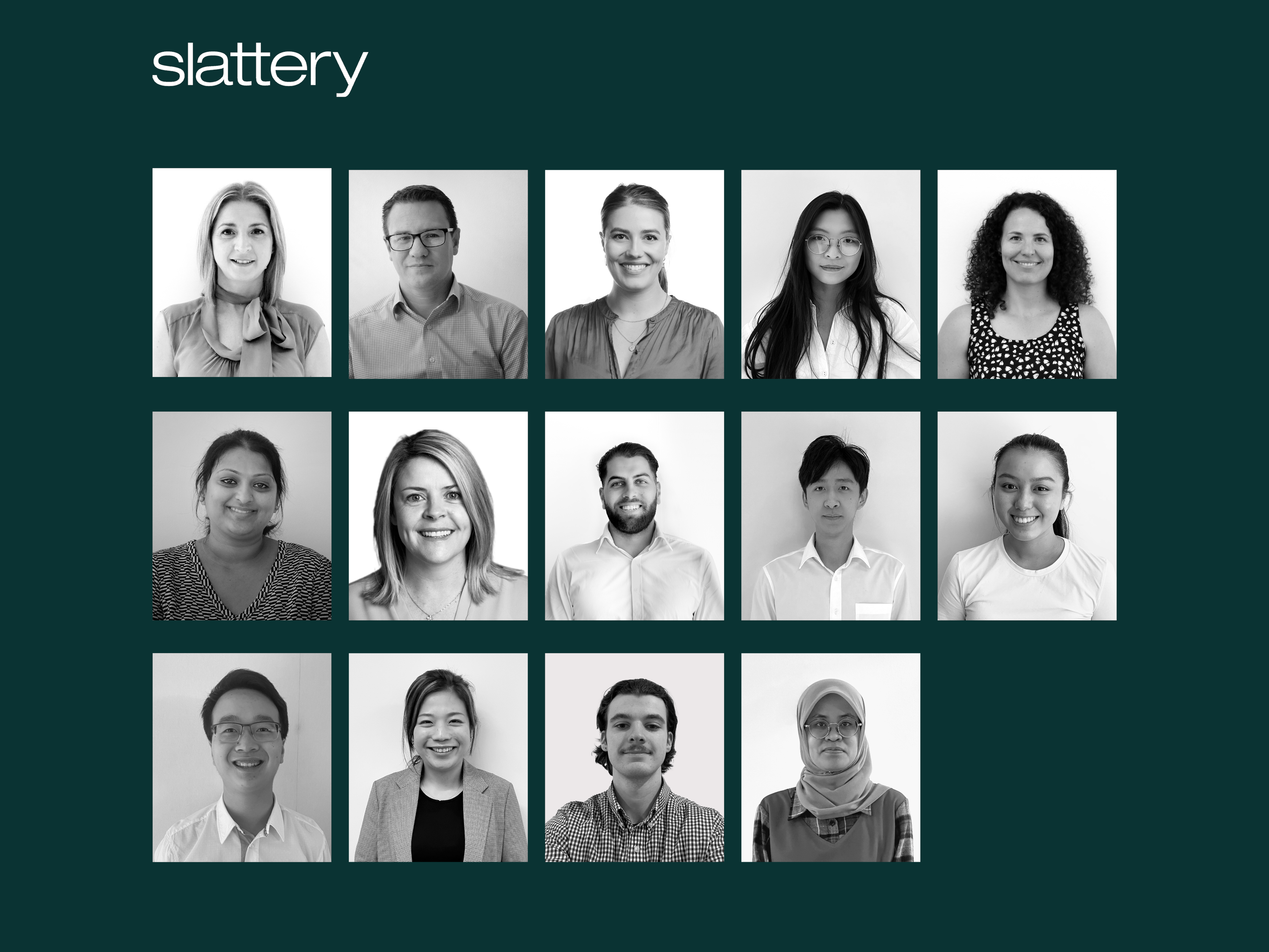 Slattery promotions - staff photos appear on a dark teal background